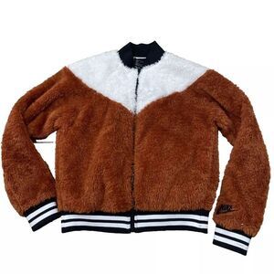 NIKE Faux Fur Varsity Jacket Sherpa Fleece Zip Womens S Preppy Brown Western